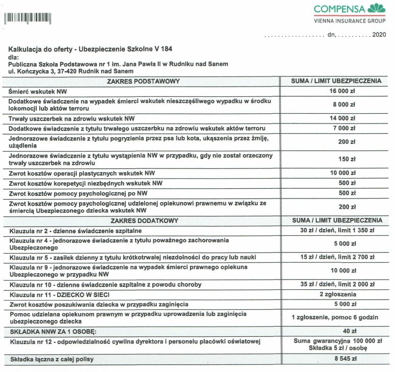 Kalkulacja ubezpieczenia - Compensa - 2020