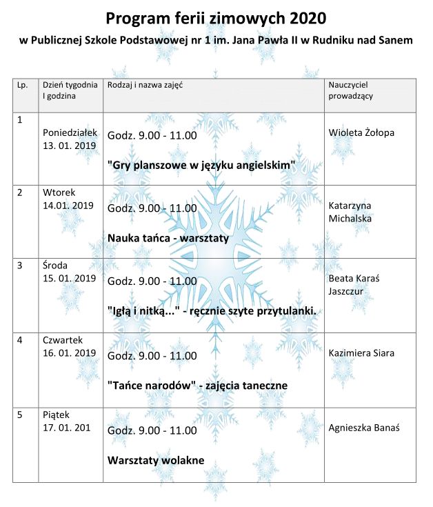 Program ferii zimowych /2020/ w PSP nr 1 w Rudniku nad Sanem